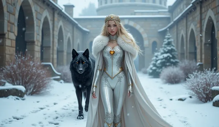 In this wintery scene, we see the young 1 1 elf Princess Saoirse walking through the castle courtyard, followed by her black dire wolf guardian. Their fur lined white cloak is worn over her skin tight armor. Their armor is adorned with a silver ivy pattern...