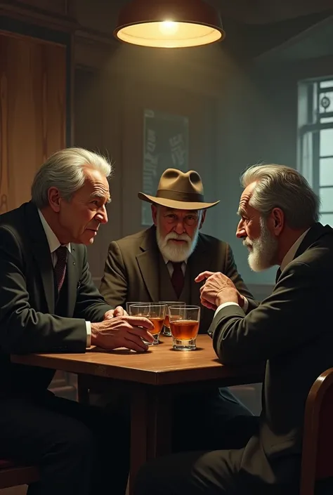 An old man with a gray hair talking with his two old friends at the bar while drinking 