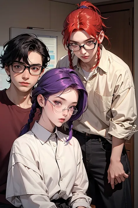 a red-haired girl with braids, a boy who looks like rambo, a boy with black hair without a beard with glasses, a boy with purple hair in a ponytail, a redhead girl with a bob cut, and a long-haired blonde girl