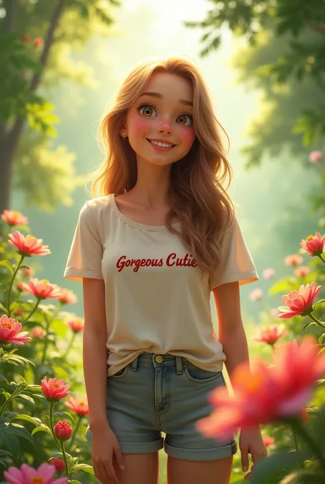 A young woman named Gorgeous Cutie is wearing a T-shirt with her name printed on it. She’s enjoying a serene moment in nature, surrounded by lush greenery and vibrant flowers. The scene captures her delight and the beauty of the natural world around her.