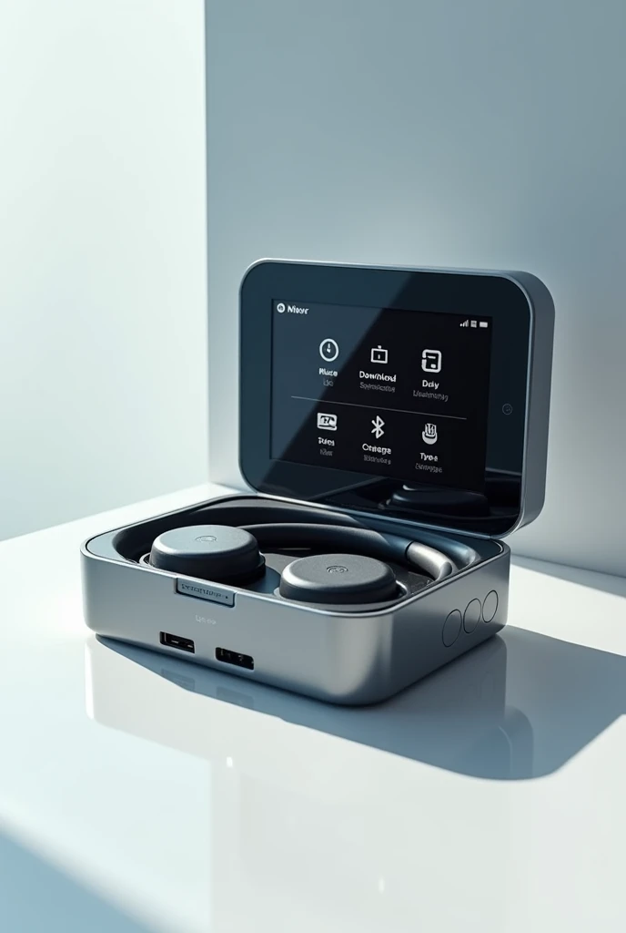 Create an image of an innovative audio device called WalkMP3. It has the modern look of a portable music player, like a Walkman and an Mp3 combined. It has wireless bluetooth headphones exclusive to the product, that contains a part in the product itself t...