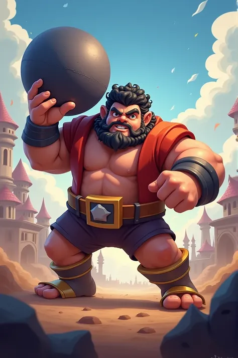 Create an image of the clash royale bowler character. Have a curly hairstyle