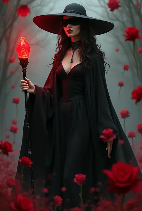 I want you to make a woman with a black blindfold (as if she were blind) With a hat, black cape and dress and a staff with a red crystal on the tip. And I want there to be red roses floating near her, She has to have a calm face and red lipstick ( a little...