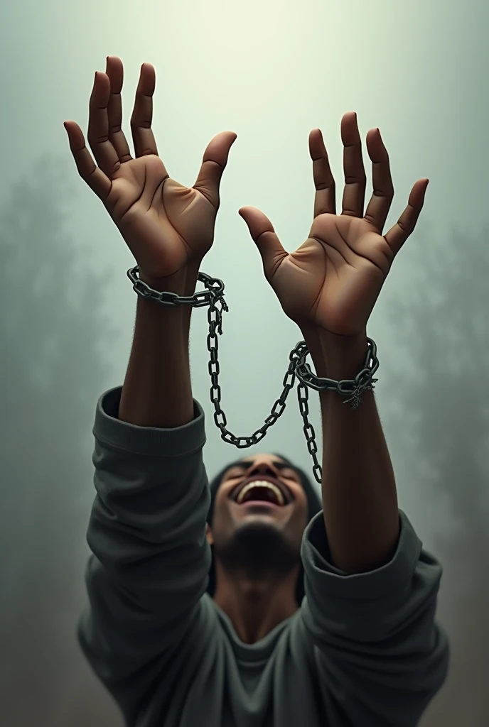 An image of hands lifted with broken chains