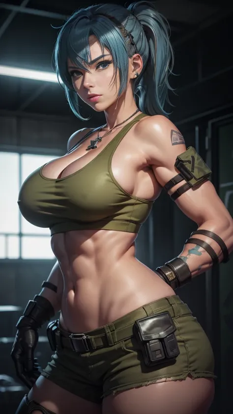 tmasterpiece, Best quality at best, A high resolution, 1girl, leona heidern, Blue hair, Blue eyes, pony tails, green shorts, cleavage，hason, crop top, Black gloves, large_breasts, army suit, Green jacket, 耳Nipple Ring, jewelry, nabel, huge tit, cow boy sho...