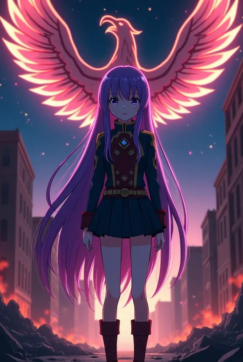 Girl with straight hair,long and purple with the My hero academy uniform in a destroyed city at night with a phoenix 