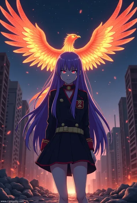 Girl with straight hair,long and purple with the My hero academy uniform in a destroyed city at night with a phoenix 