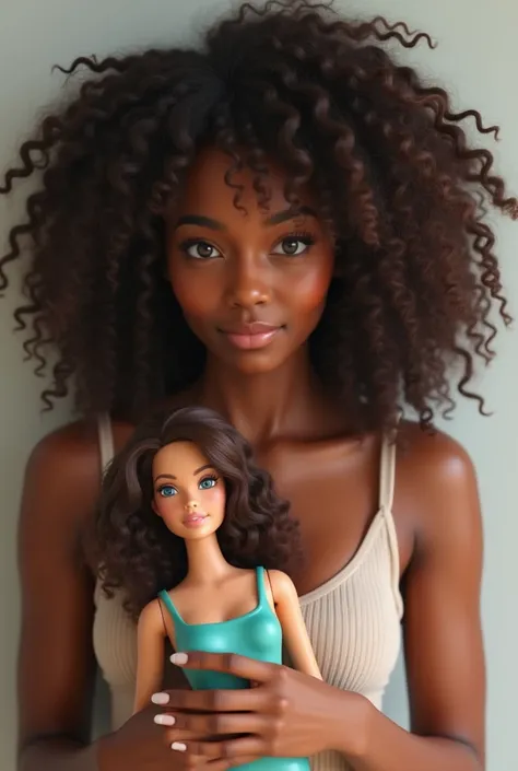 Realistic selfie brown woman with curly hair holding barbie mannequin in hands 