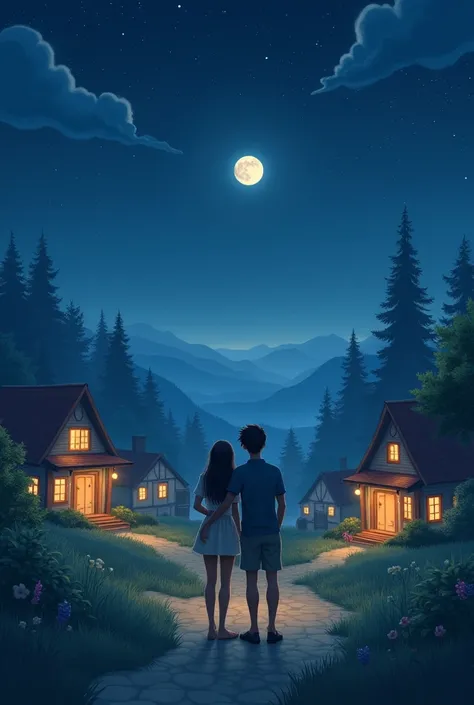 A beautiful night scene with cozy cottages scattered around. In the foreground, a couple is standing together, the girl gently holding her boyfriends arm as they gaze into the night sky. The moonlight bathes the scene in a soft glow, creating a peaceful an...