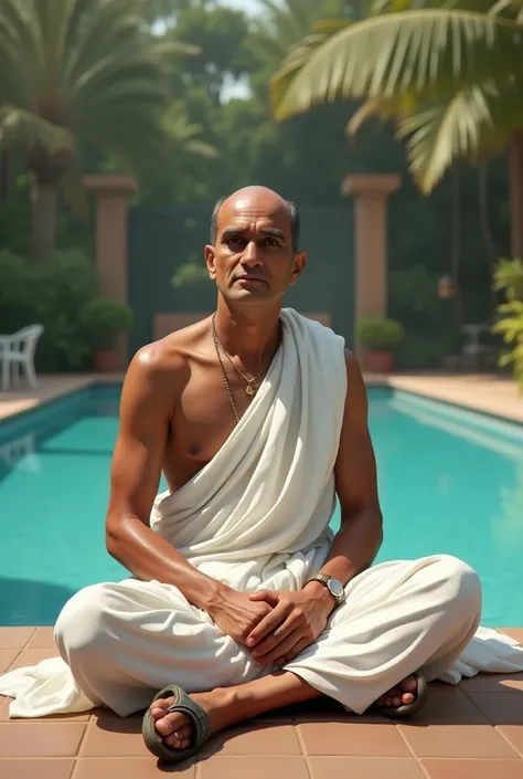 Subash Chandra Bose sitting near the swimming pool, perfect face, with dhothi and chappal 