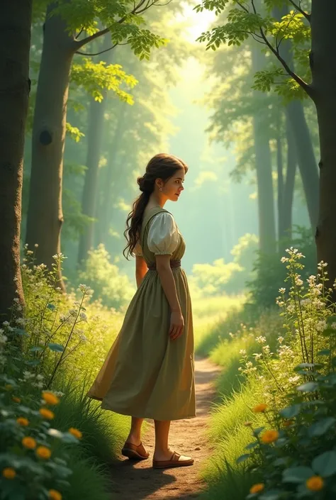 young and beautiful peasant woman walking in a forest looking back