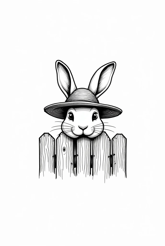 Black and white drawing for a logo with few details of a rabbit with a straw hat. looking inside a wooden fence. large format



