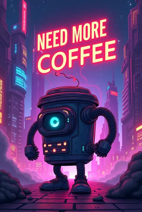 A Bannar thar say Need More Coffee  a purple them cyber ilustration