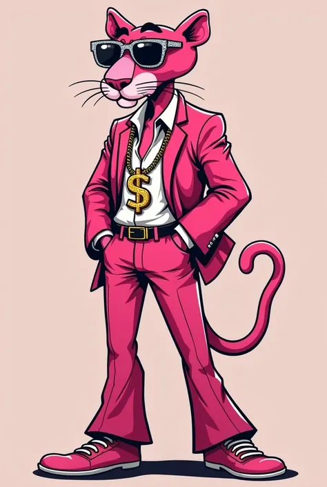 Tattoo design, pink panther man with gold chain and dollar sign, diamonds glasses with diamonds 
