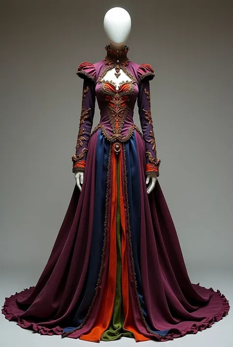 Fais moi une robe longue inspire du beetlejuice beetlejuice film, je veux la même game de couleur. La robe est dramatique et fantastique la robe est sur un mannequin sans visage