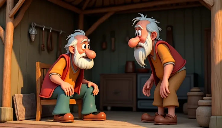 Two elderly men inside the hut, one looking disinterested and shaking his head, while the other stands up, determined and thinking about the large reward. There’s a contrast in their body language—one lazy, one motivated.3d animation, disney inspired