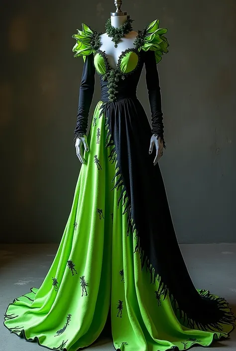 Fais moi une robe longue inspire du beetlejuice beetlejuice film, je veux la même game de couleur, vert néon, noir et blanche. La robe est dramatique et fantastique la robe est sur un mannequin sans visage