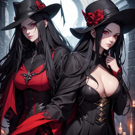 Create an image of a Noble Necromancer Vampire named Fenrir Alucard, male with female, and he has long black hair and wears a hat. 