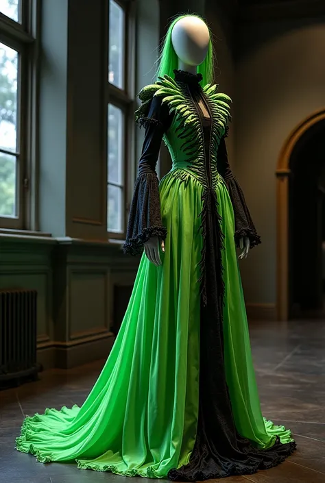 Fais moi une robe longue inspire du beetlejuice beetlejuice film, je veux la même game de couleur, vert néon, noir et blanche. La robe est dramatique et fantastique la robe est sur un mannequin sans visage