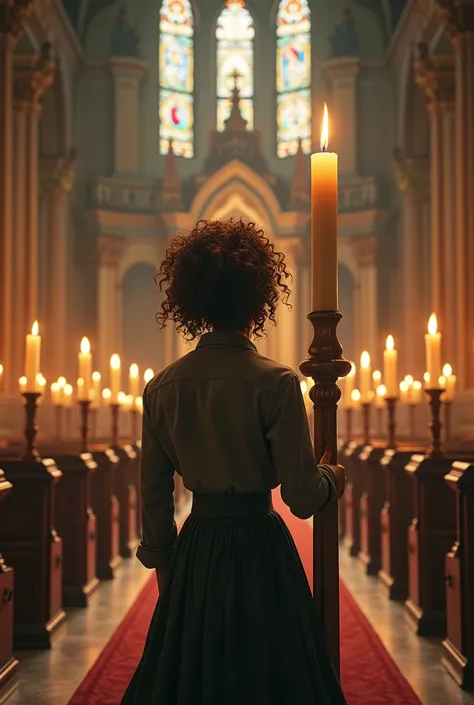 young woman with curly military hair going to the altar with a large long candle