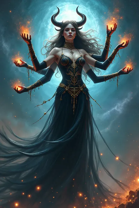 A stunning demon woman with six arms, in the Galaxy