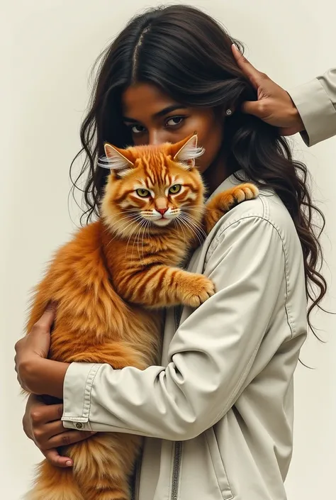 a girl teenager with a white jacket whose face and hair cannot be seen with dark skin holding an orange MAINE COON cat and the hands of a man covering the womans face in a drawing style with watercolor