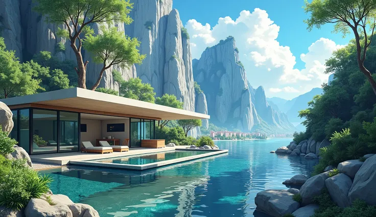 Painting of an ultra modern bungalow with rocks and lush vegetation, Italian city in the background, Anime background art, Anime landscape, Highly detailed illustration, anime style cityscape, Makoto Shinkais style, anime backgrounds, Anime landscapes, in ...