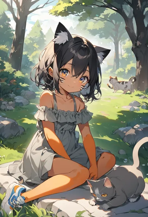 alone, looking at the viewer, light skin, smile, bangs, orange skin,No cats blue eyes, black hair, gray dress, black female skin, hair between the eyes, sitting, closed mouth, white hair, full body, bare shoulders, little ears cat, child focus, outdoor, sk...