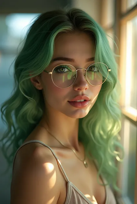 (((ultra realistic))) Photo, masterpiece, top quality, (pale skin), (Ultra detailed face and eyes:1.3), 1 girl, wonderful angelic young teen, in a crop top, ((Eye makeup, perfect eyeglasses, green mascara)), ((smile)), ((large detailed juicy plump lips)), ...