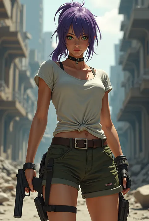 ((masterpiece)), ((Best quality)), ((High resolution)), 1 woman, Alone, ( Tied cap sleeve t-shirt, short cargo pants), clavicle, Muscular body type, post apocalypse, city background, (Take hold of a pistol and aim, Detailed Pistol, Glock 22, Trigger Traini...