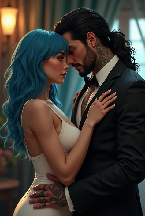 a chubby woman,white, blue hair, yellowish brown eyes with a hand on the chest of a tattooed man with long black hair taller than her, brawny, no beard, wearing formal clothes, she is 26 and he is 34