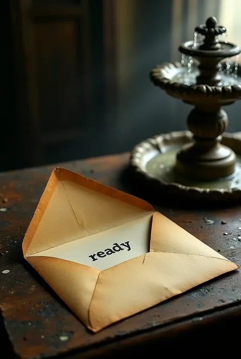 An aged envelope on a table, open, sticking out a worn and elegant sheet with the word "ready" written on a yellowed paper, with an ancient fountain. The shadows of the room must envelop the envelope, creating a contrast of light and darkness that increase...