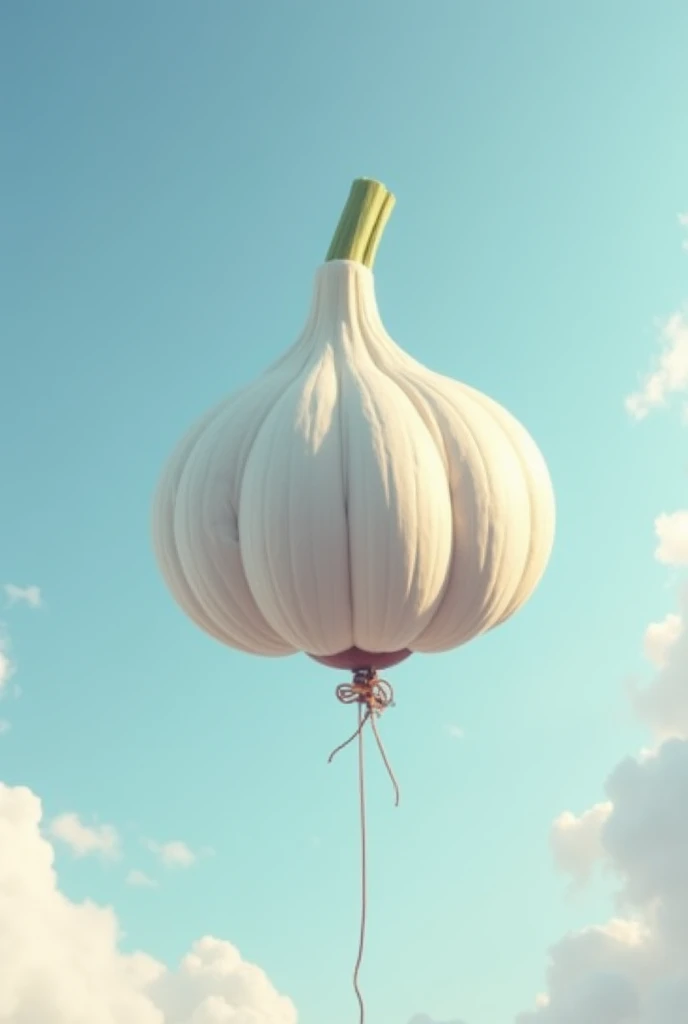 Garlic like balloon with string flying on air sky