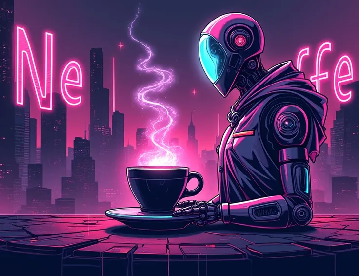 A Banner that says "Need More Coffee" a purple them cyber ilustration