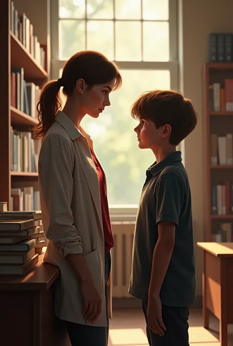 Discussion between a librarian and a youthful boy in library on a serious matter with realistic touch