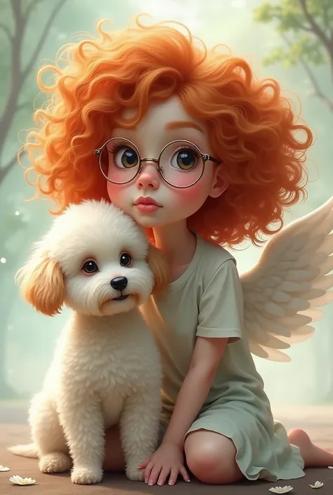 Red-haired curly-haired girl with glasses next to a small white poodle with angel wings