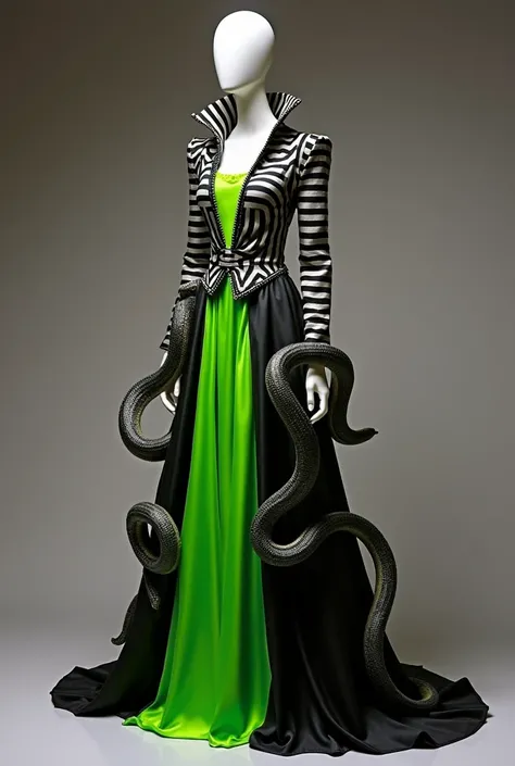 Fais moi une robe longue inspire du beetlejuice beetlejuice film, je veux la même game de couleur, vert néon, noir et blanc zébré .La robe est dramatique et fantastique avec des détails qui font peur comme un serpent avec deux tête.  la robe est sur un man...