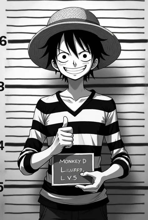 Police photo in high quality and looking at the viewer by Monkey D. Luffy in black and white striped long sleeve prison uniform, smiling, black and white striped long sleeve shirt, Short black hair, 1 child, straw hat, male approach, in black and white str...