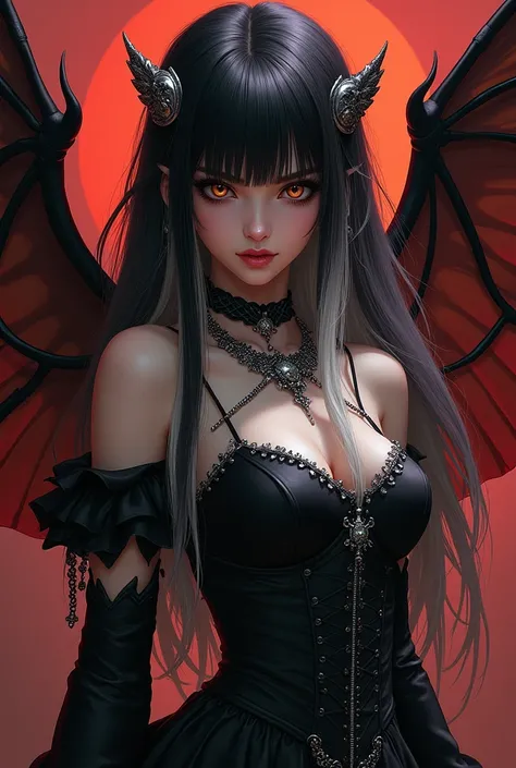 Beautiful fairy girl with long hair, black and pale skin. Hazel eye, Straight bangs, gothic clothing and silver accessories. Nose piercing and intimidating look. fairy wings, fantasy illustration with full body red tones. Intimidating look and slanted eyes...