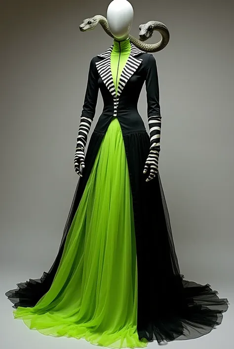 Fais moi une robe longue inspire du beetlejuice beetlejuice film, je veux la même game de couleur, vert néon, noir et blanc zébré .La robe est dramatique et fantastique avec des détails qui font peur comme un serpent avec deux tête.  la robe est sur un man...