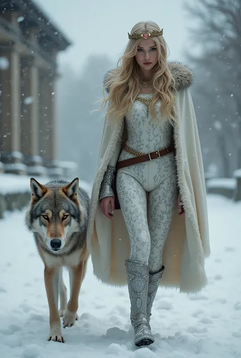 In this wintery scene, we see an 1 elf Princess Saoirse walking through the castle courtyard, followed by her black dire wolf guardian. Their fur lined white cloak is worn over her skin tight armor. Their armor is adorned with a silver ivy pattern running ...