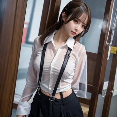 a woman in a suit, belt, hands behind back, sweating, suspenders, black pants, large breasts, see-through clothing, rain, detect...