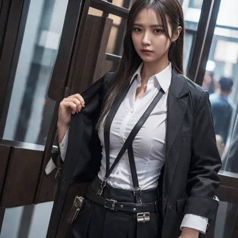 a woman in a suit, belt, hands behind back, sweating, suspenders, black pants, large breasts, see-through clothing, rain, detect...