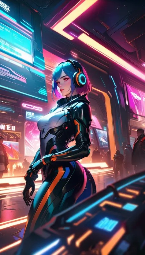 a woman with headphones standing next to a robot, cyberpunk art by jason a. engle, cgsociety, retrofuturism, ilya kuvshinov, sci...