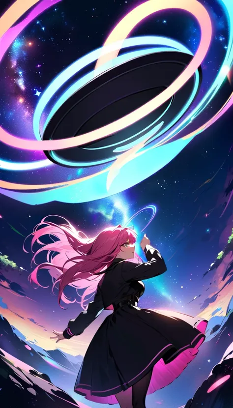 long pink hair woman, night, neon, flying saucer, abduction, galaxy background, neon lights, black clothes with led, 4k