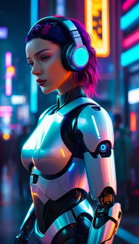 a woman with headphones standing next to a robot, cyberpunk art by jason a. engle, cgsociety, retrofuturism, ilya kuvshinov, sci...