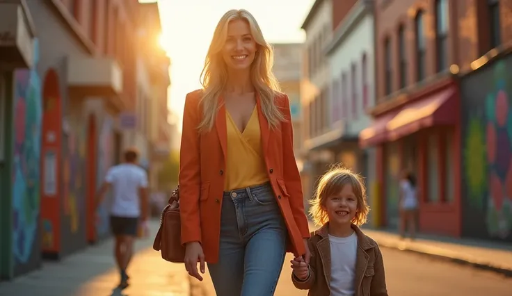 A photorealistic portrait of a 36 blonde mother standing tall and she smiling with her baby 5 old years walking and she smiling, both facing the cityscape backdrop. The mother wears a stylish, vibrant outfit, her expression confident, projecting career suc...