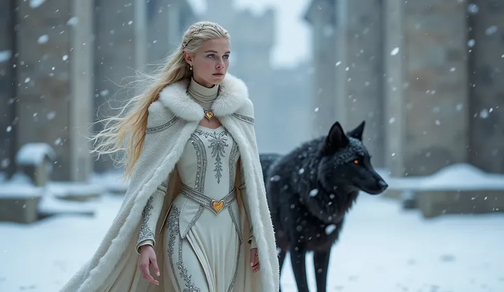 In this wintery scene, we see the young 1 1 elf Princess Saoirse walking through the castle courtyard, followed by her black dire wolf guardian. Their fur lined white cloak is worn over her skin tight armor. Their armor is adorned with a silver ivy pattern...