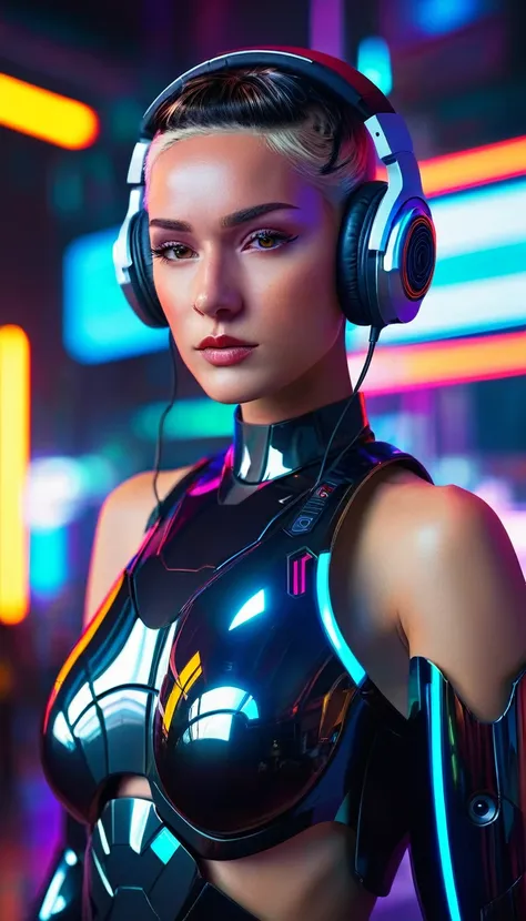 georgia ellenwood with headphones standing next to a robot, cyberpunk art by jason a. engle, cgsociety, retrofuturism, ilya kuvs...