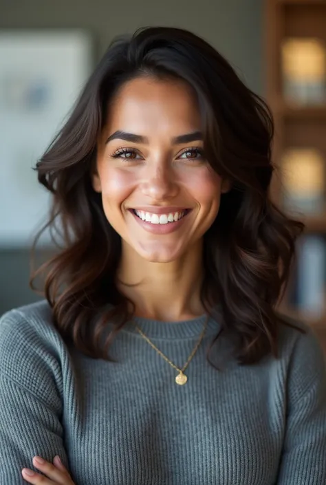 Beautiful brunette, of South American appearance, wearing gray sweater (inside a well-lit sales office with award plaques in the background), very detailed, 4, natural wavy hair, brown eyes, high resolution, work of art, best quality,intricate details, hig...